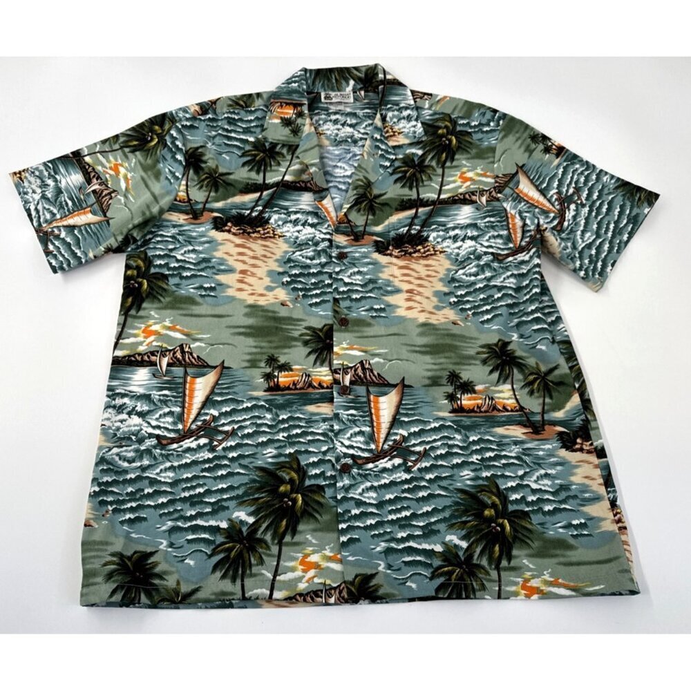 Aloha Republic Hawaiian Shirt Mens Large Island Palm Tree Button Up Colorful 90s